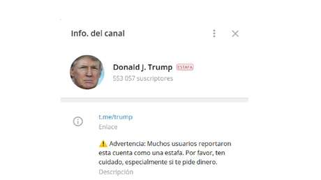 Telegram marca como 'estafa' el canal 'Donald J. Trump', con más de 550.000 seguidores