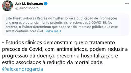Twitter marca una publicación de Bolsonaro como "información engañosa y potencialmente dañina sobre covid-19"
