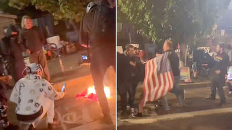 VIDEO: Queman una bandera de EE.UU. en medio de protestas cerca de las instalaciones de ICE