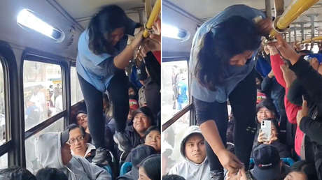 Nadie se escapará sin pagar: cobradora de transporte público pasa por encima de los pasajeros (VIDEO)