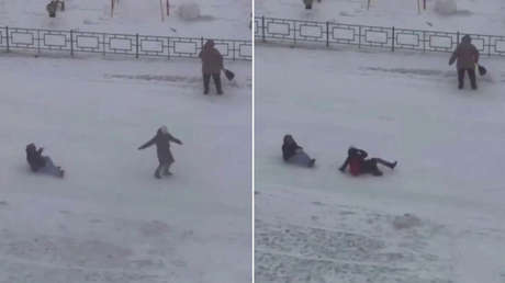 VIDEO: Fuertes vientos casi hacen 'volar' a los niños en Siberia
