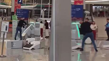 VIDEO: Tiene un arrebato en un aeropuerto y destroza puestos de facturación