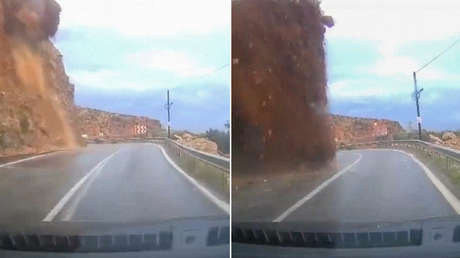VIDEO: Caída de rocas sepulta un coche en plena carretera