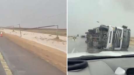 VIDEO: Camiones volcados y líneas eléctricas caídas tras una tormenta en Arabia Saudita