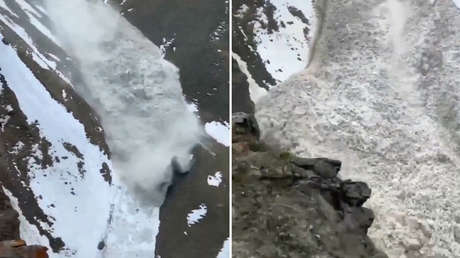Una avalancha masiva desciende sobre una cascada y el video parece sacado de otro planeta