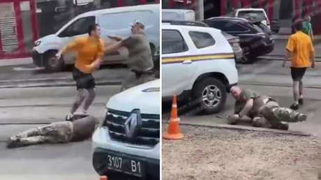 VIDEO: Un joven ucraniano se enfrenta a tres reclutadores para defender a su padre de movilización