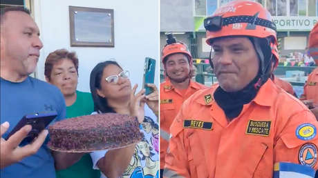 VIDEO: Torta entre escombros para celebrar el cumpleaños de un rescatista salvadoreño en Venezuela