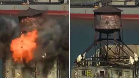 VIDEO: Explosión masiva durante la demolición de una torre de agua centenaria