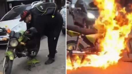 VIDEO: Lo detienen en un control y prende fuego a su propia motocicleta